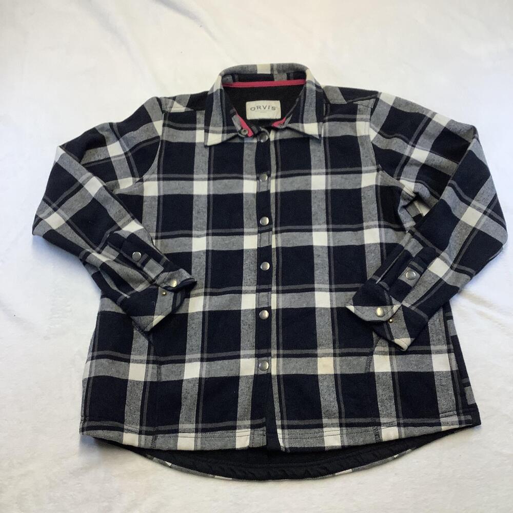 Orvis Shirt Womens Large Blue Plaid Flannel Fleece Lined Snap Front Pockets